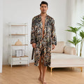 Men's tiger pattern ice silk bathrobe set with long sleeve robe and matching trousers