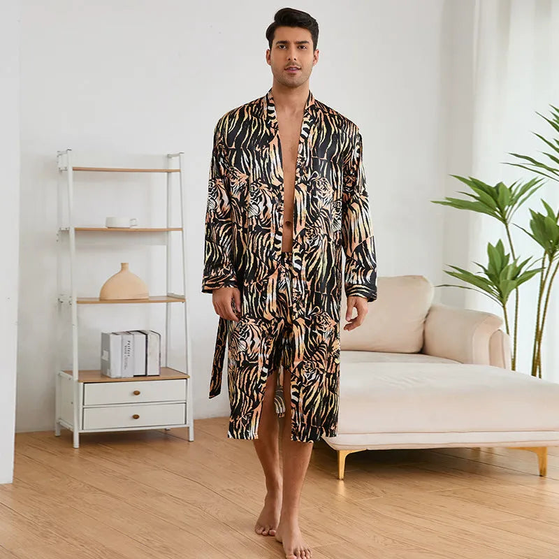 Men's tiger pattern ice silk bathrobe set with long sleeve robe and matching trousers