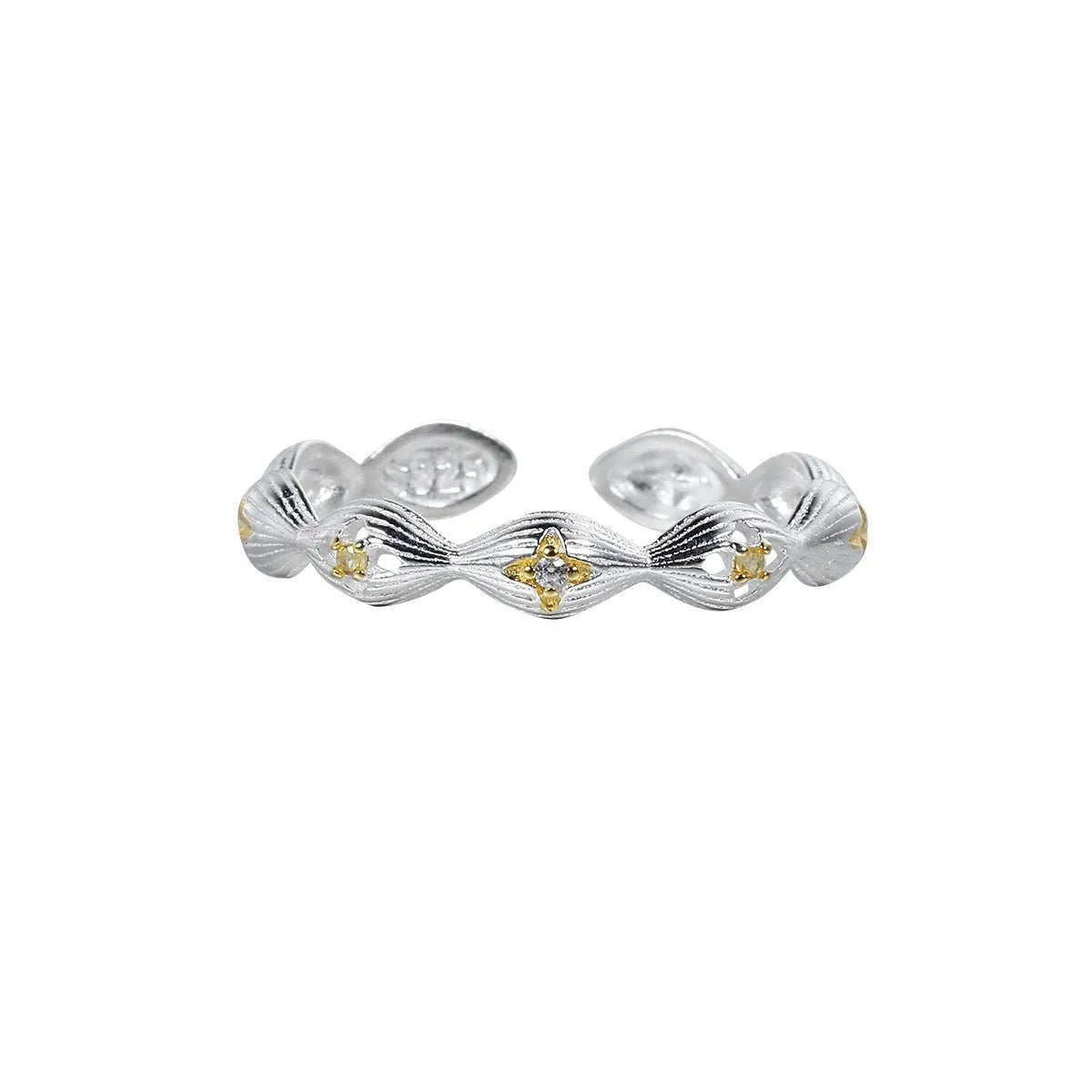 Buccherati brushed star ring in silver gold electroplated finish with adjustable opening on a white background