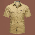 Men's loose short sleeve cotton work shirt in army green colour on hanger