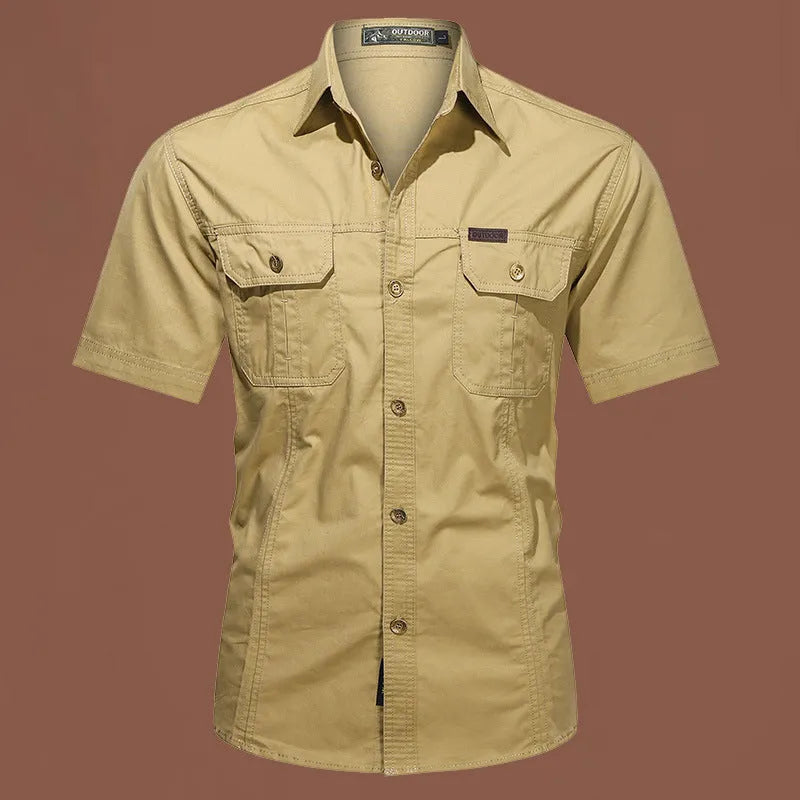 Men's loose short sleeve cotton work shirt in army green colour on hanger