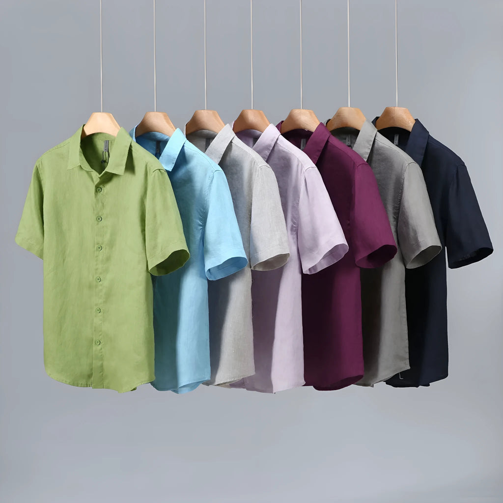 Men's linen short-sleeved cardigan shirt in regular fit showing colour options and thin fabric texture