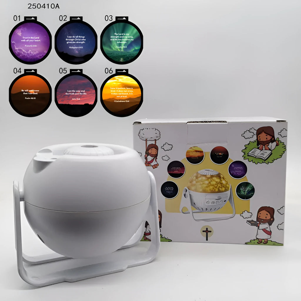 White starry sky projection lamp with six cards, wireless sound, white noise, IP55 rating, and USB power cable