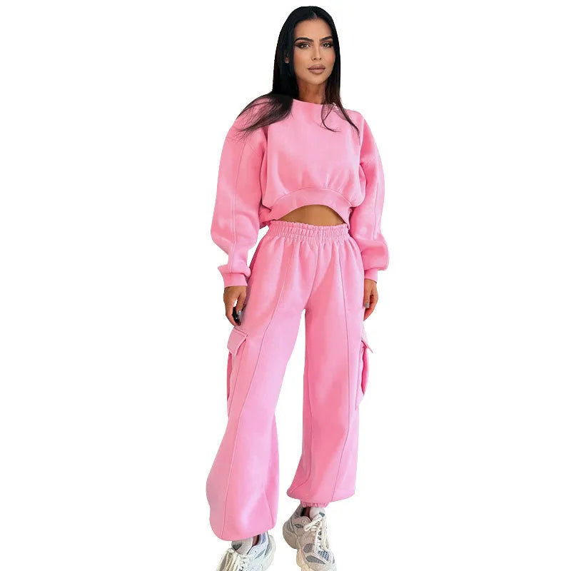 Women's round neck sweatshirt and high waist pocket sweatpants set in solid colour, loose fit, polyester fibre