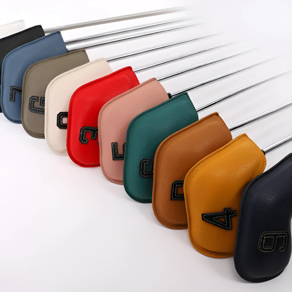 Set of 10 multicolour digitally printed golf club head covers made from PU material.