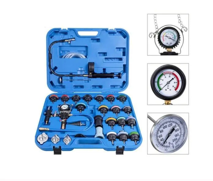 Blue automotive radiator pressure testing kit with 28 pieces including vacuum purge tools
