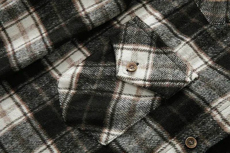 Men's long sleeve flannel plaid shirt jacket in loose fit, brushed material with corduroy collar and cuffs, black colour