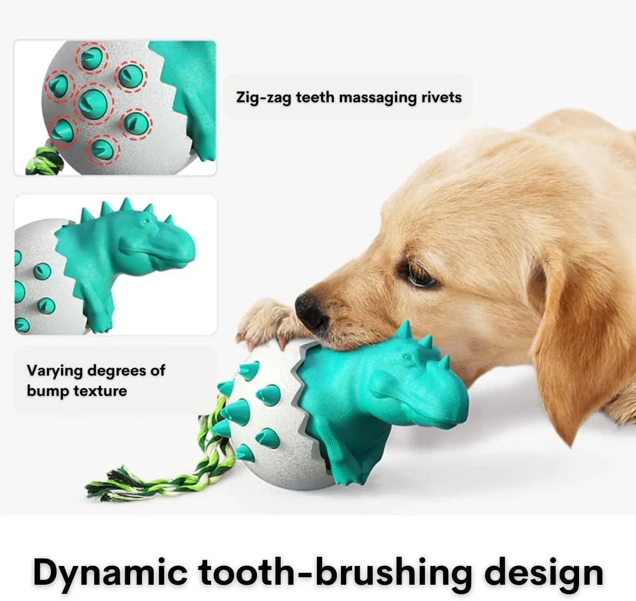Blue durable rubber dog chew toy with integrated rope and textured surface for dental cleaning.