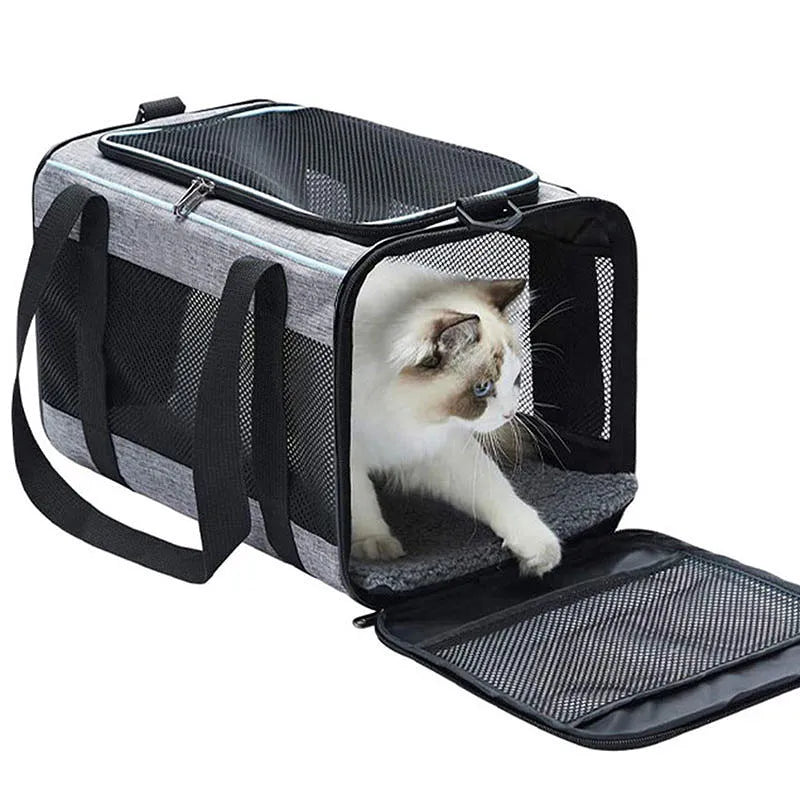 Oxford fabric pet carrier bag for dogs and cats in grey with blue edge measuring 44cm long