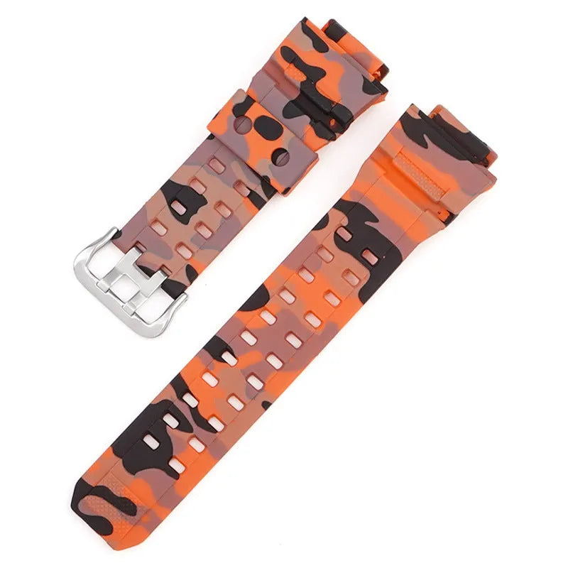 Camouflage pattern TPU rubber watch strap with silver buckle for G-Shock-style watches.