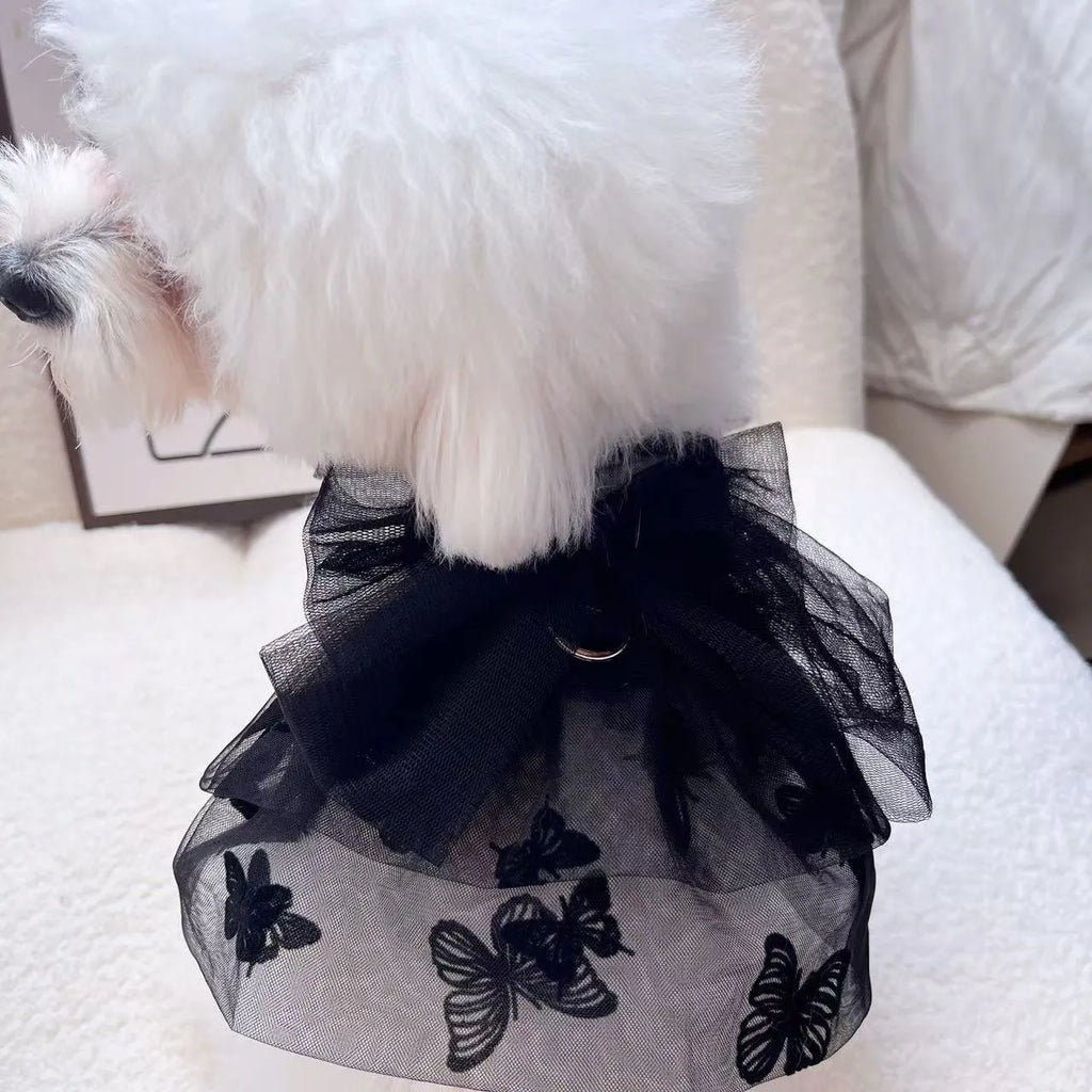 Black polyester princess tulle skirt for a small dog or cat on a white background.