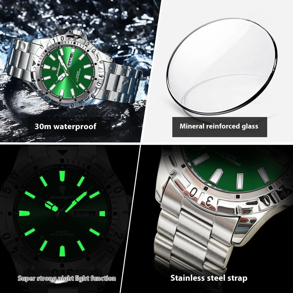 Swiss men's waterproof luminous watch with 6mm case in silver, gold or black with steel strap