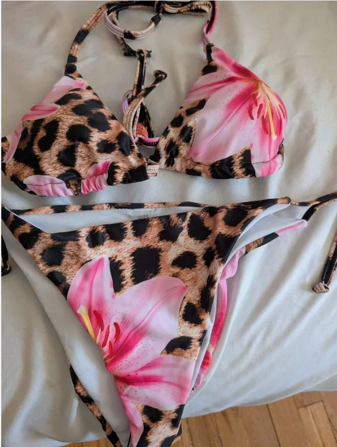 Leopard print lace-up backless bikini swimsuit for women in colourful pink black sizes S to XL