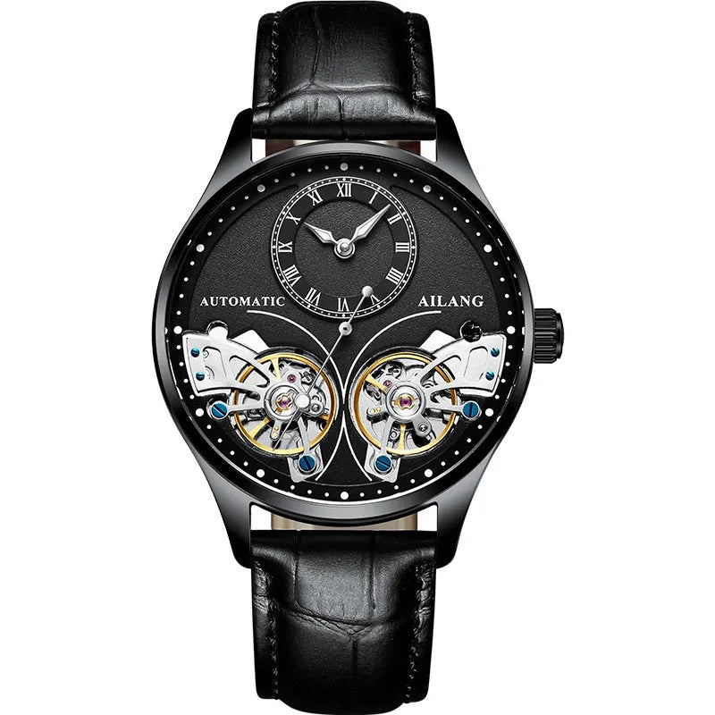 Automatic men's watch with tourbillon and moon phase on a round black dial in a titanium case.