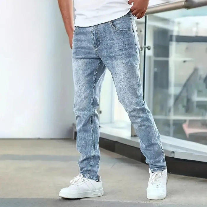 Men's stretch jeans in straight leg skinny fit with cotton-spandex fabric in black, dark blue or grey colours