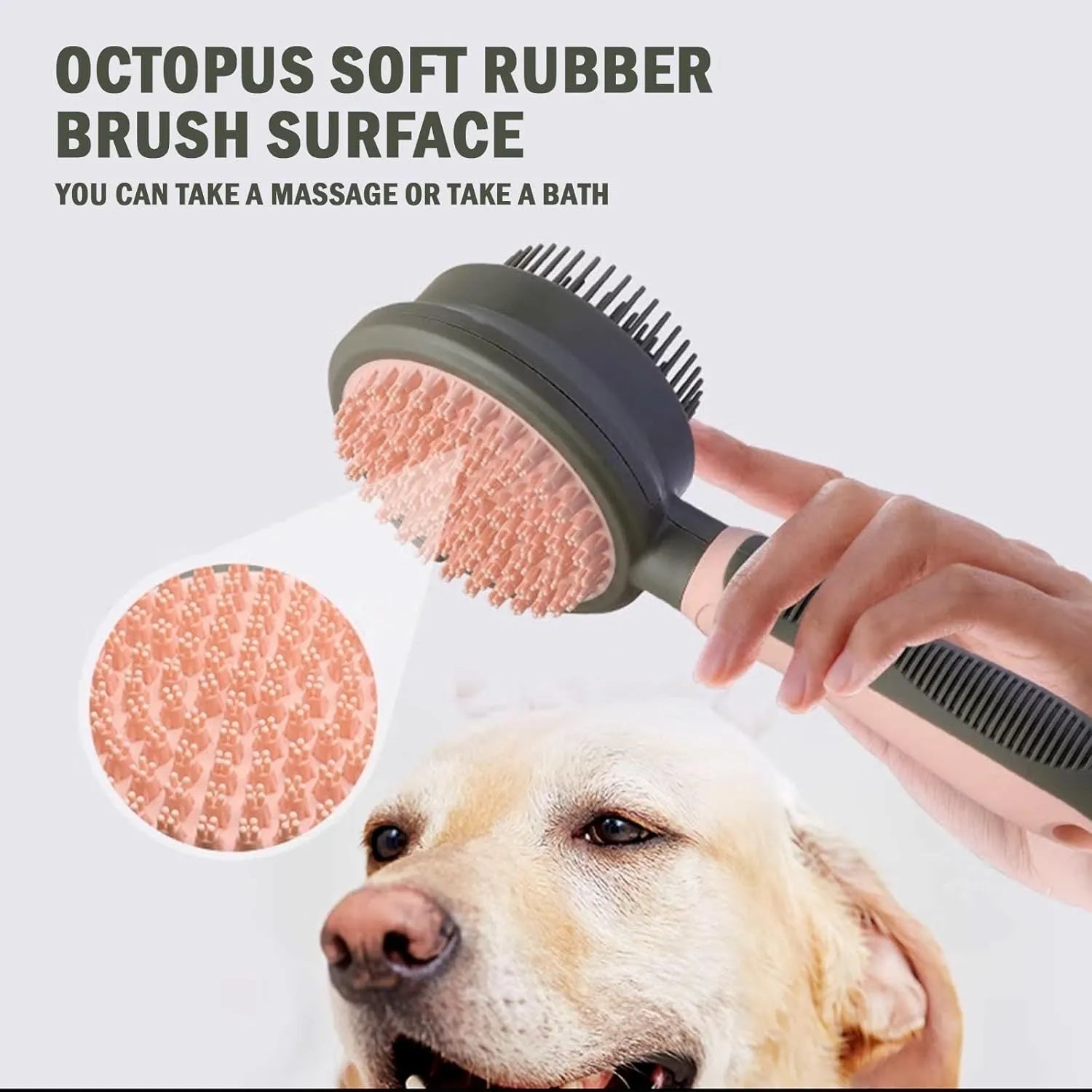Pink and green double-sided cat grooming brush with release button and separate flea comb
