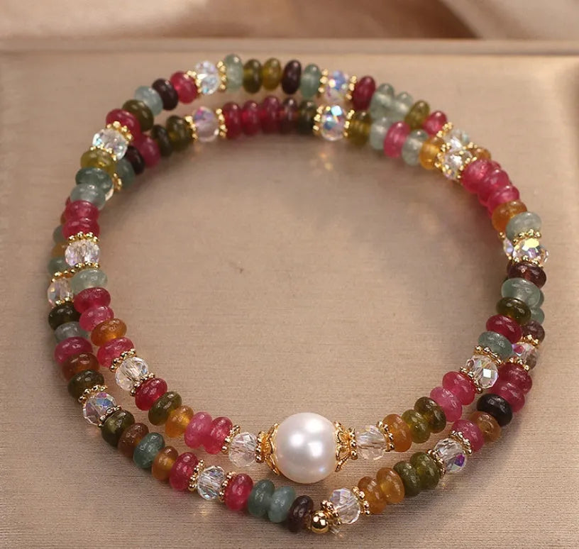 Natural stone tourmaline beaded crystal bracelet for women ethnic style adjustable jewellery