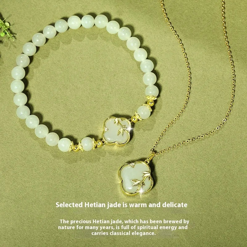 Hetian jade bracelet and necklace set with leaf design in bamboo green tone