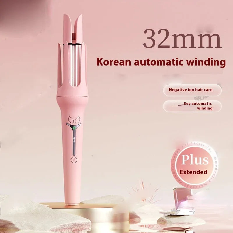 32mm automatic hair curler in pink or light purple with ceramic barrel, clips, and comb.