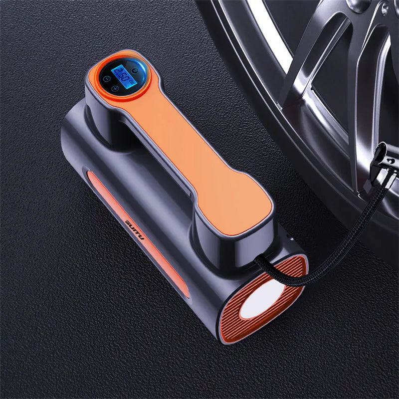 Portable cordless car tyre inflator with digital display showing pressure reading on ABS plastic housing