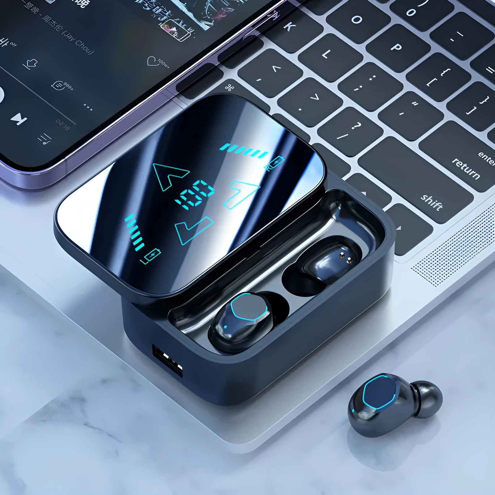 M48 Bluetooth headset in-ear wireless with digital display and charging case in black colour