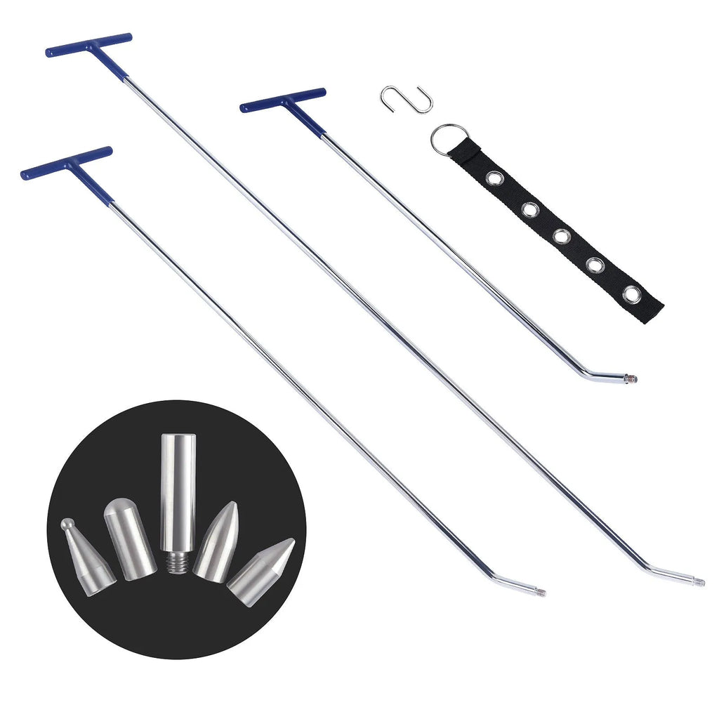 Three alloy steel hook and crowbar tools for car dent repair, presented on a white background.