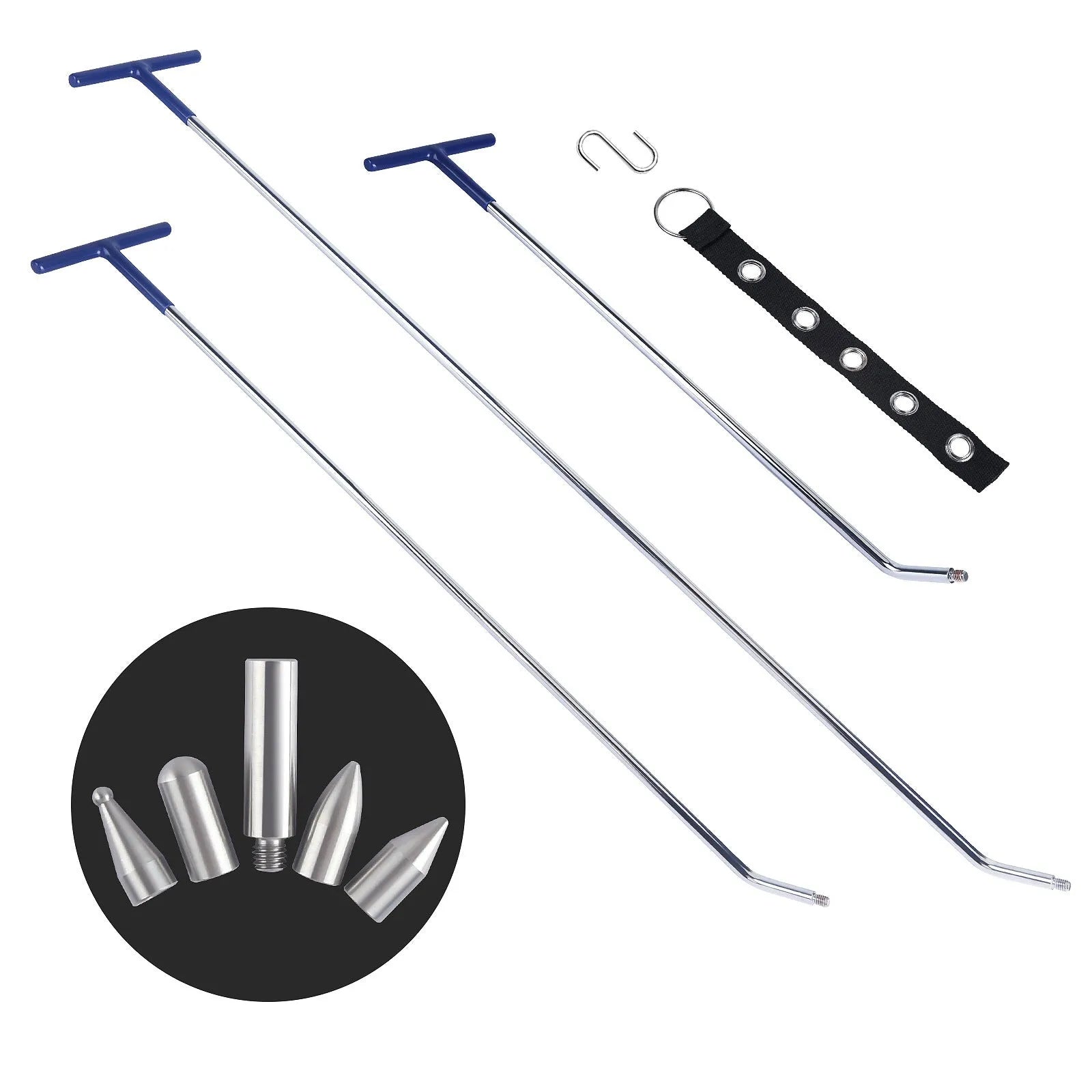 Three alloy steel hook and crowbar tools for car dent repair, presented on a white background.