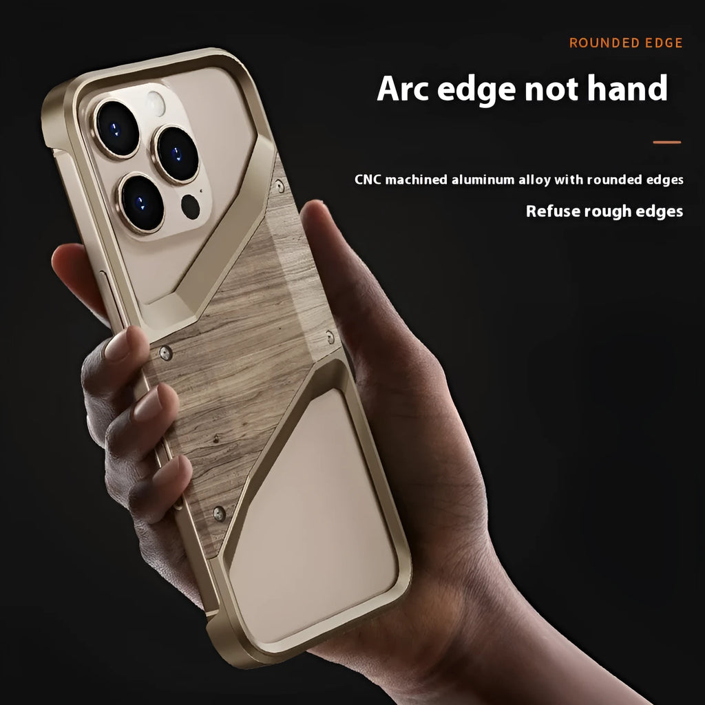 Wooden aluminium alloy phone case in Desert Gold on iPhone 15 Pro Max