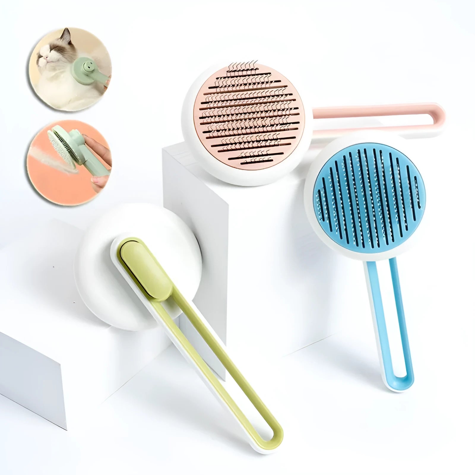 Automatic pet grooming brush with round head and stainless steel pins in blue, green, or pink.