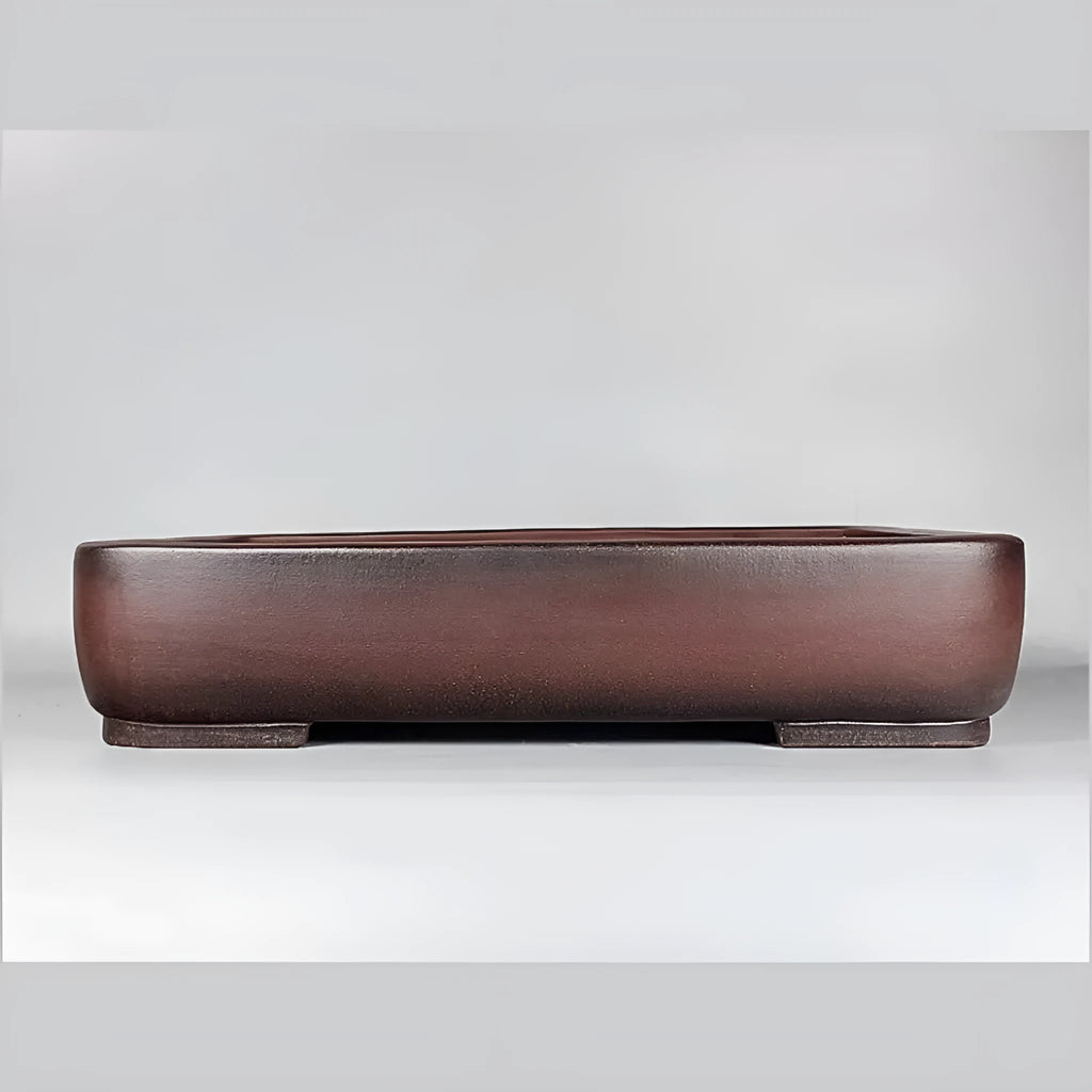 Large rectangular antique purple clay flower pot for indoor plants on a tabletop.