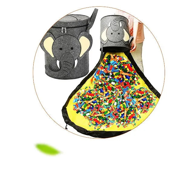 Green felt cube storage bag with pull rope, shown open as a play mat and closed as a toy container.