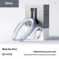 Silver grey hanging neck portable bladeless fan showing button controls and modern minimalist design