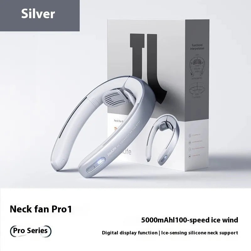 Silver grey hanging neck portable bladeless fan showing button controls and modern minimalist design