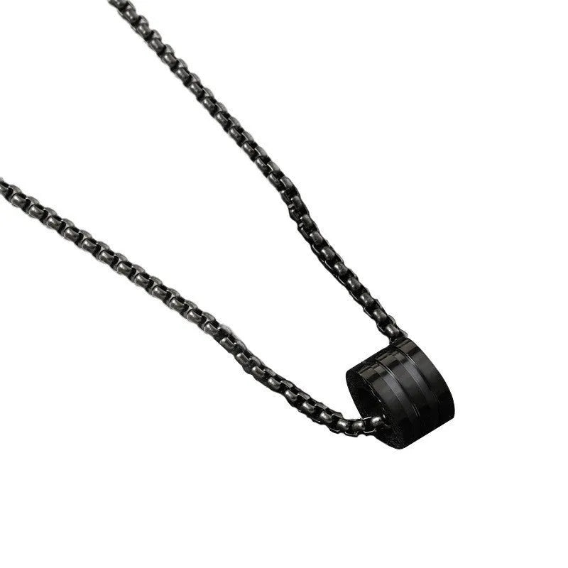 Men's black titanium steel necklace set with geometric cylindrical ring buckle pendant