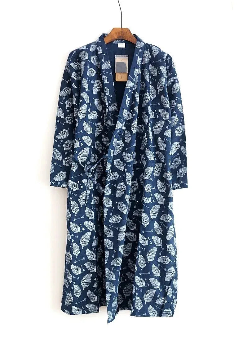 Men's cotton nightgown with leaf pattern in navy blue, home wear long sleeve