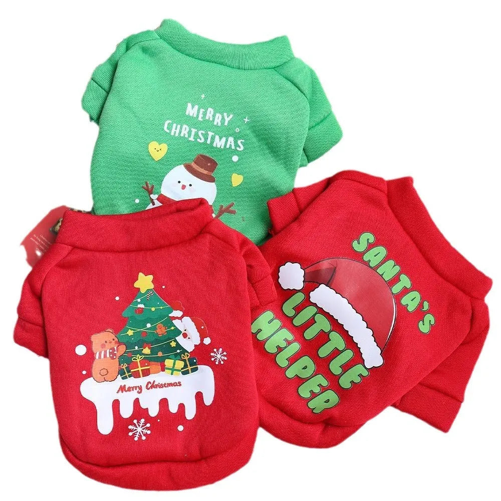 Fleece-lined pet crew neck sweater in red and green Christmas designs, sizes XS to XXL, chest 30-55cm
