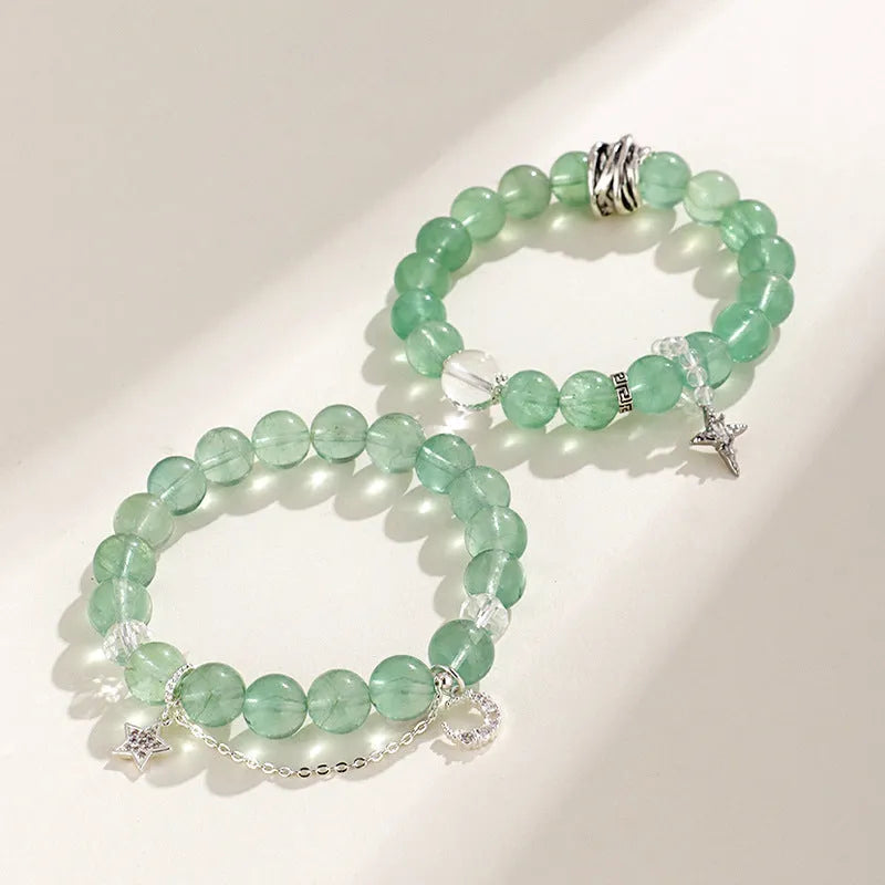 Green fluorite bracelet with star moon charms and white crystal stones in Korean jewellery style