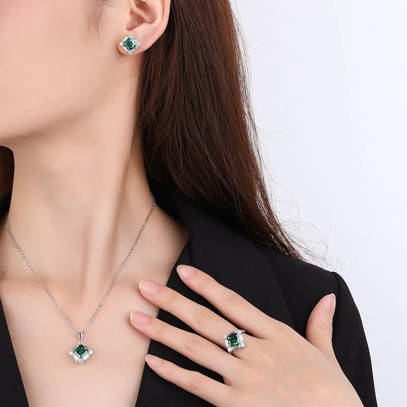 S925 silver matching jewellery set with high carbon emerald diamond necklace, earrings, and ring in princess square cut