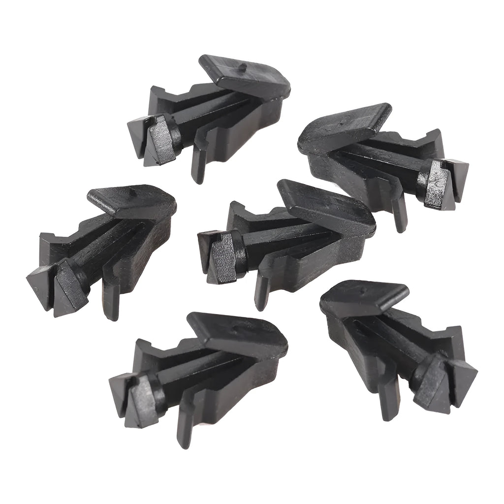 Black plastic Nissan bumper cover radiator grille fastening clip, part number 76882-0M060.