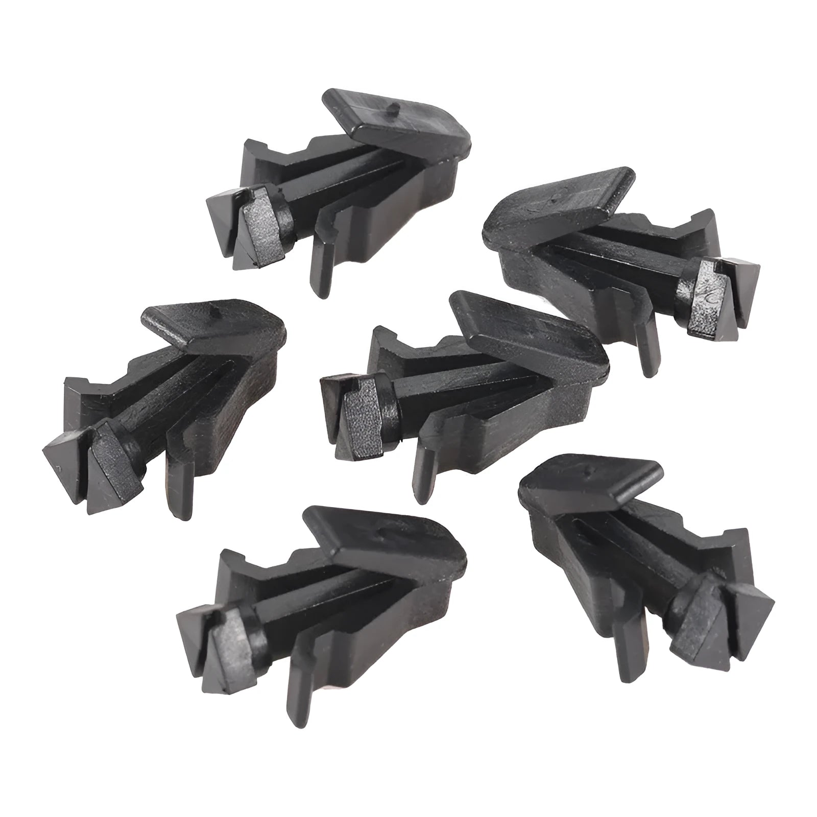 Black plastic Nissan bumper cover radiator grille fastening clip, part number 76882-0M060.
