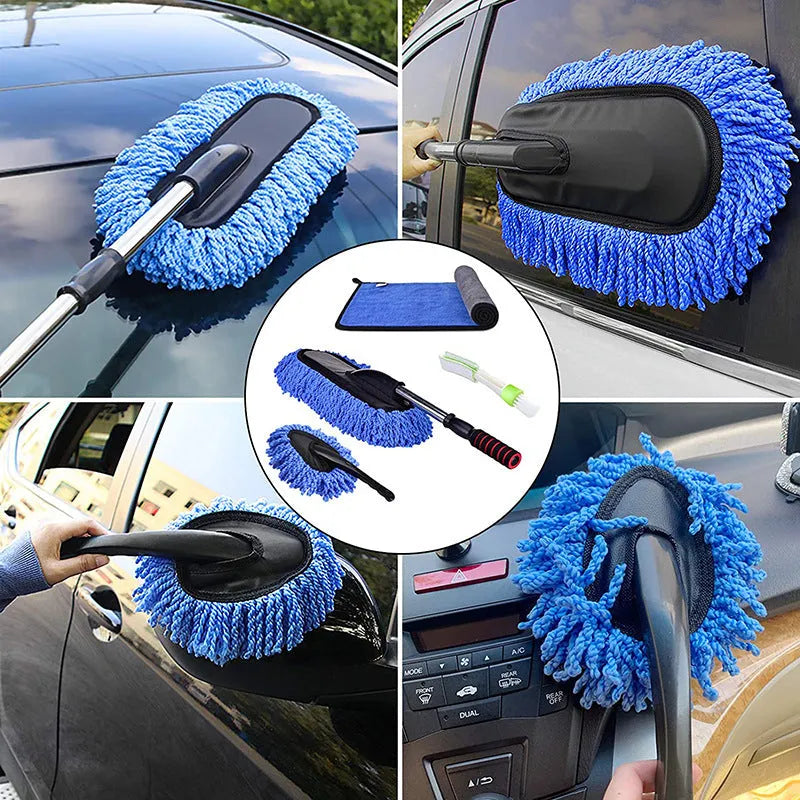 Car dust collector with retractable handle and 5-piece microfiber brush set for car and home cleaning