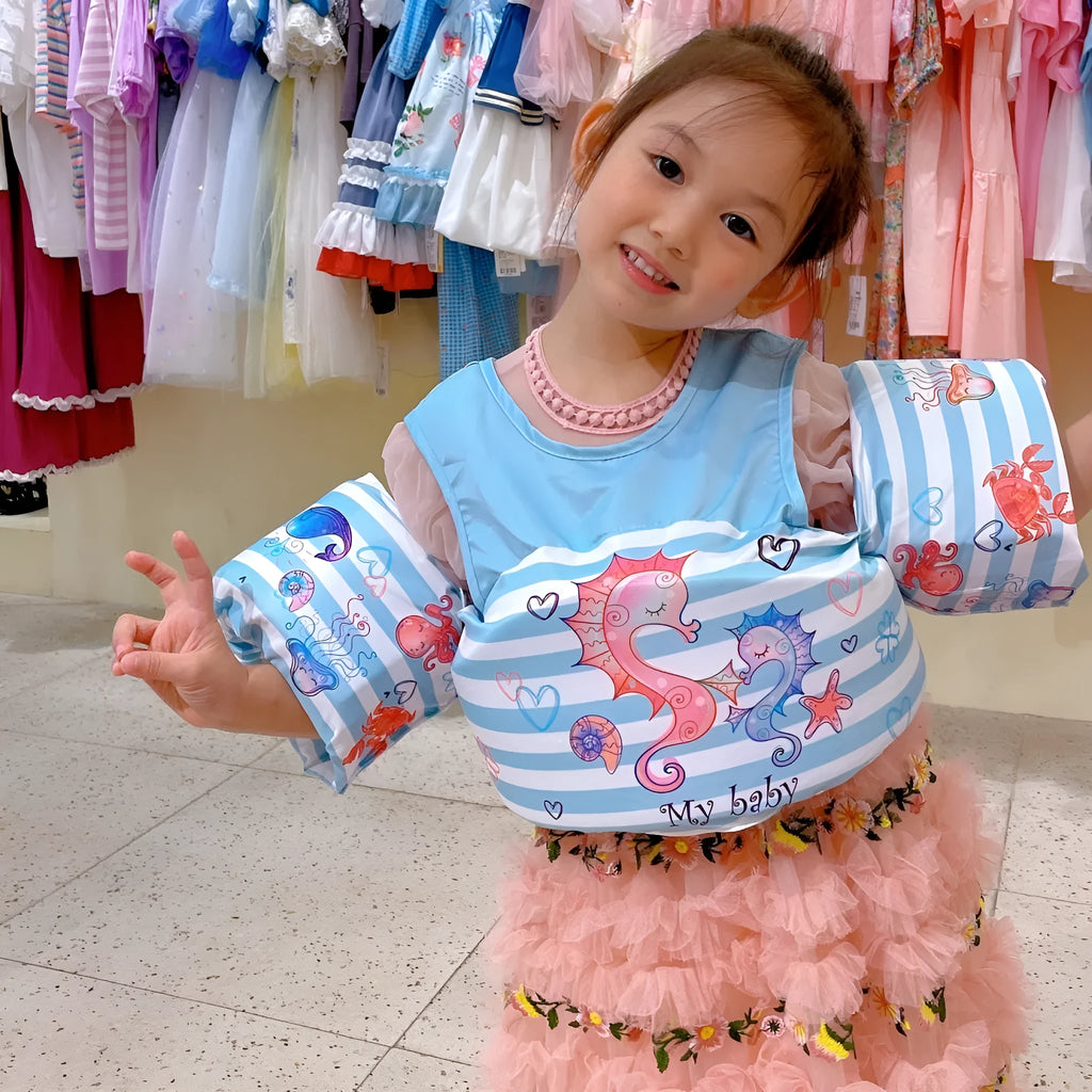 Cartoon-themed children's inflatable arm swimming ring life jacket in polyester.