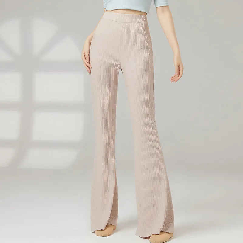Female classical dance practice pants in polyester fabric showing five colour options including beige apricot and taro purple