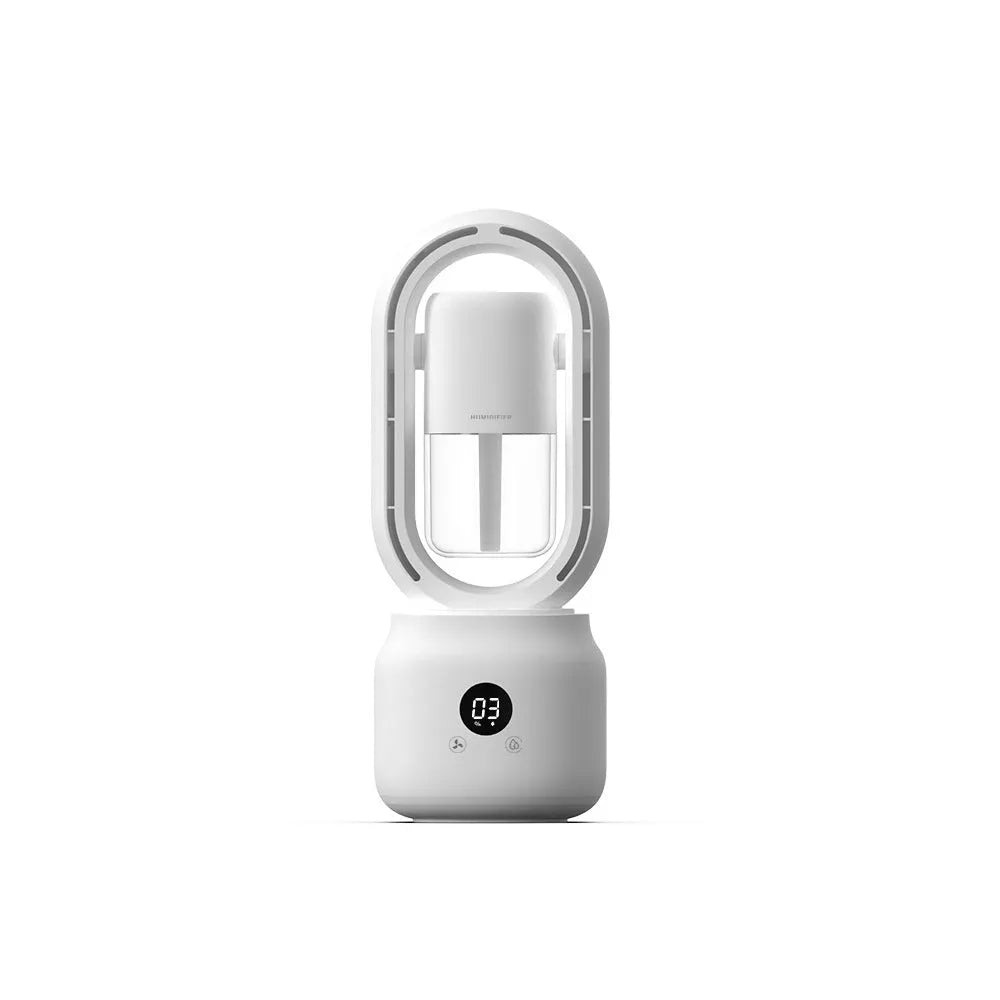 White bladeless USB rechargeable table fan with water tank and digital controls on a desk