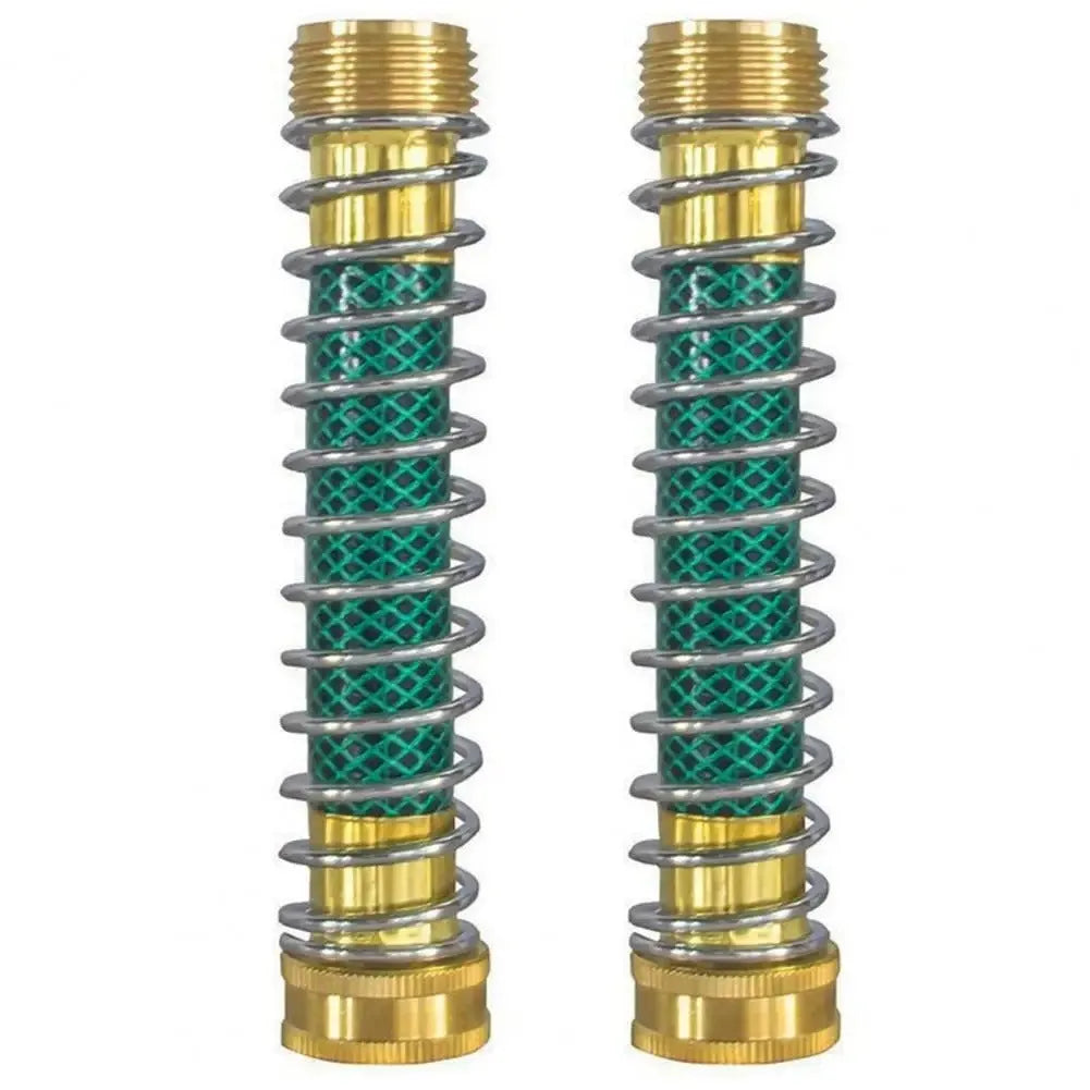 Brass garden hose connector with a visible metal spiral spring and 3/4 inch threaded connections.