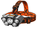 Super bright head-mounted LED miner's lamp flashlight with adjustable strap on a grey background.