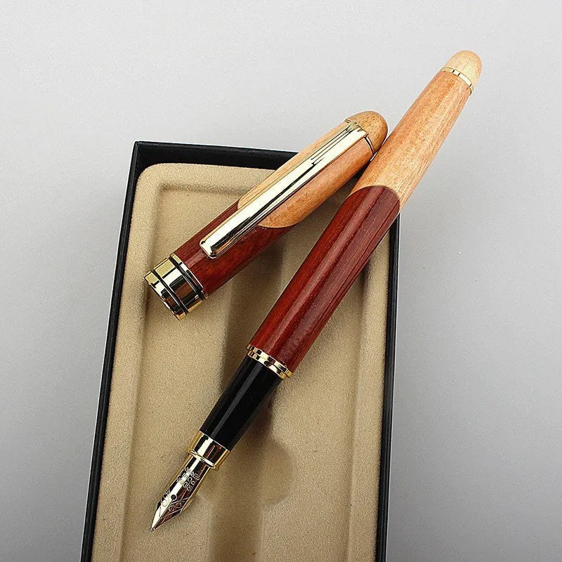 Wooden ballpoint pen with metal details shown alongside its grey fabric carrying bag.