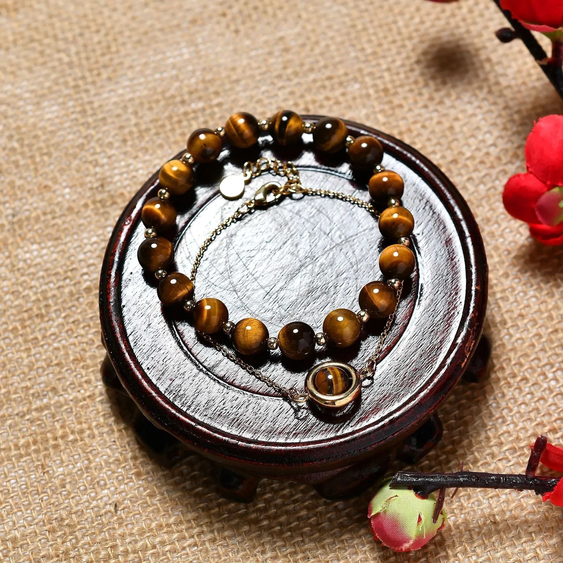 Double-layer women's crystal bracelet with electroplated gold finish and lucky beads on wrist