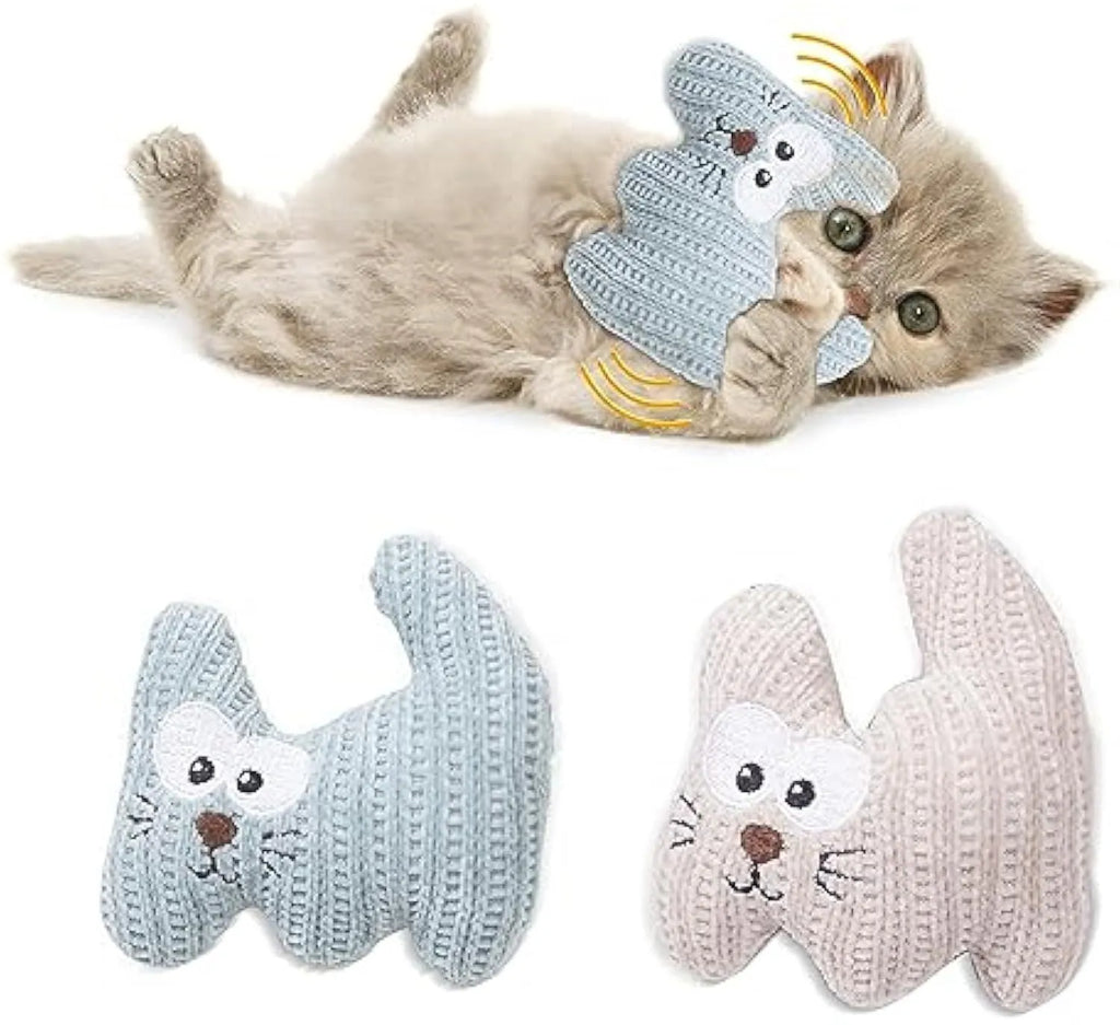 Cyan knitted plush cat toy with organic catnip and bell for chew-resistant play.