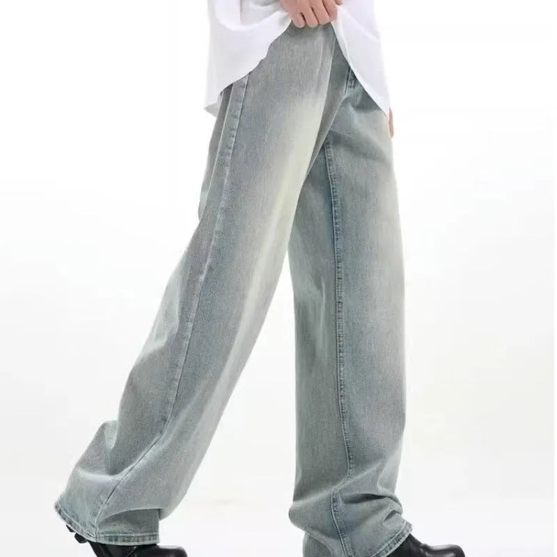 Blue loose-fit retro men's trousers with an elastic waistband, made from rabbit fur fabric.